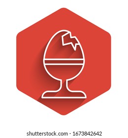 White line Chicken egg on a stand icon isolated with long shadow. Happy Easter. Red hexagon button. Vector Illustration