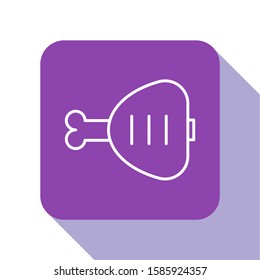 White line Chicken leg icon isolated on white background. Chicken drumstick. Purple square button. Vector Illustration