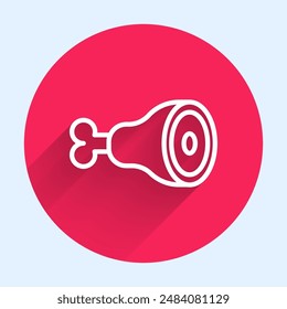 White line Chicken leg icon isolated with long shadow. Chicken drumstick. Red circle button. Vector