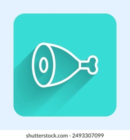 White line Chicken leg icon isolated with long shadow background. Chicken drumstick. Green square button. Vector
