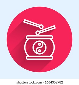White line Chinese drum icon isolated with long shadow. Traditional asian percussion instrument Taiko or O-Daiko drum. Red circle button. Vector Illustration