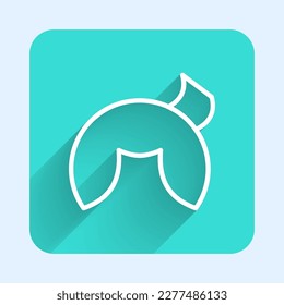 White line Chinese fortune cookie icon isolated with long shadow. Asian traditional. Green square button. Vector