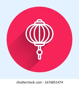White line Chinese paper lantern icon isolated with long shadow. Red circle button. Vector Illustration