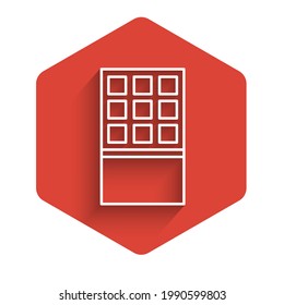 White line Chocolate bar icon isolated with long shadow. Red hexagon button. Vector