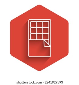 White line Chocolate bar icon isolated with long shadow. Red hexagon button. Vector