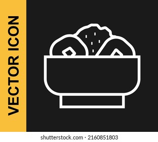 White line Chow mein on plate icon isolated on black background. Asian food.  Vector