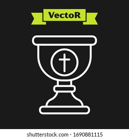 White line Christian chalice icon isolated on black background. Christianity icon. Happy Easter.  Vector Illustration