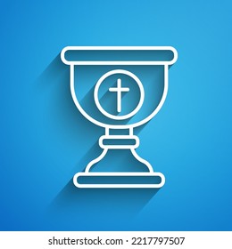 White line Christian chalice icon isolated on blue background. Christianity icon. Happy Easter. Long shadow. Vector Illustration