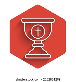 White line Christian chalice icon isolated with long shadow. Christianity icon. Happy Easter. Red hexagon button. Vector Illustration