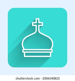 White line Christian church tower icon isolated with long shadow. Religion of church. Green square button. Vector