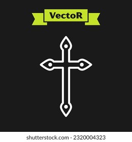 White line Christian cross icon isolated on black background. Church cross.  Vector Illustration