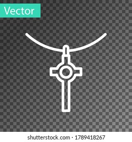 White line Christian cross on chain icon isolated on transparent background. Church cross.  Vector Illustration