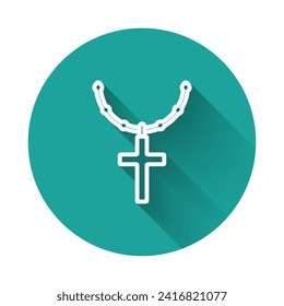 White line Christian cross on chain icon isolated with long shadow background. Church cross. Green circle button. Vector