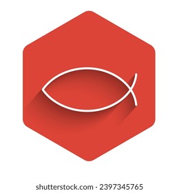 White line Christian fish symbol icon isolated with long shadow. Jesus fish symbol. Red hexagon button. Vector Illustration