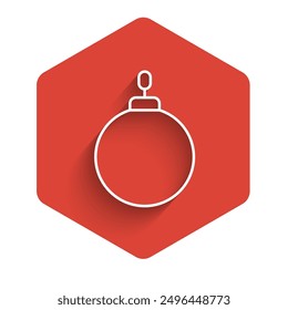 White line Christmas ball icon isolated with long shadow. Merry Christmas and Happy New Year. Red hexagon button. Vector