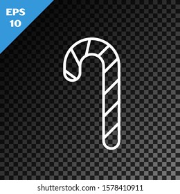 White line Christmas candy cane with stripes icon isolated on transparent dark background. Merry Christmas and Happy New Year.  Vector Illustration