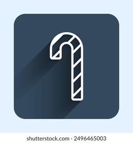 White line Christmas candy cane with stripes icon isolated with long shadow background. Merry Christmas and Happy New Year. Blue square button. Vector