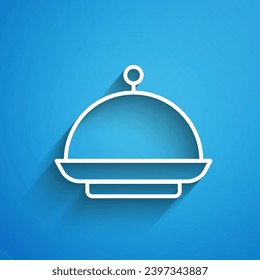 White line Christmas covered with a tray of food icon isolated on blue background. Tray and lid sign. Merry Christmas and Happy New Year. Long shadow. Vector