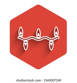 White line Christmas lights icon isolated with long shadow. Merry Christmas and Happy New Year. Red hexagon button. Vector Illustration