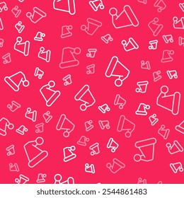 White line Christmas Santa Claus hat icon isolated seamless pattern on red background. Merry Christmas and Happy New Year.  Vector