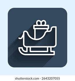White line Christmas santa claus sleigh with sack bag icon isolated with long shadow background. Merry Christmas and Happy New Year. Blue square button. Vector