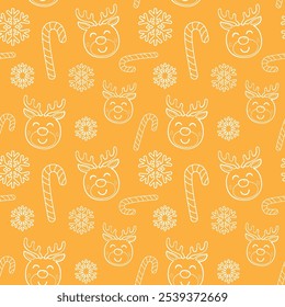 White line christmas seamless pattern. Reindeer, candy cane and snowflakes