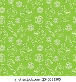 White line christmas seamless pattern. Christmas elf, candy cane and snowflakes
