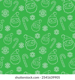 White line christmas seamless pattern. Santa claus with candy cane and snowflakes