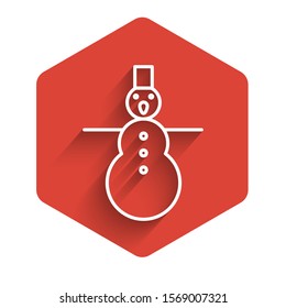 White line Christmas snowman icon isolated with long shadow. Merry Christmas and Happy New Year. Red hexagon button. Vector Illustration