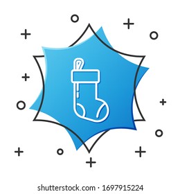 Icono de relleno de Navidad de línea blanca aislado en fondo blanco. Feliz Navidad y Feliz Año Nuevo. Botón hexágono azul. Ilustración vectorial