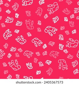 White line Christmas stocking icon isolated seamless pattern on red background. Merry Christmas and Happy New Year.  Vector