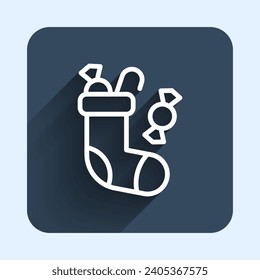 White line Christmas stocking icon isolated with long shadow background. Merry Christmas and Happy New Year. Blue square button. Vector