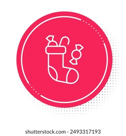 White line Christmas stocking icon isolated on white background. Merry Christmas and Happy New Year. Red circle button. Vector
