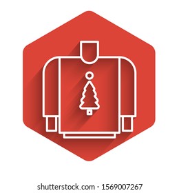 White line Christmas sweater with norwegian ornaments and holidays decorations icon isolated with long shadow. Knitted winter jumper. Red hexagon button. Vector Illustration