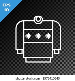 White line Christmas sweater with norwegian ornaments and holidays decorations icon isolated on transparent dark background. Knitted winter jumper.  Vector Illustration