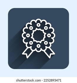 White line Christmas wreath icon isolated with long shadow background. Merry Christmas and Happy New Year. Blue square button. Vector