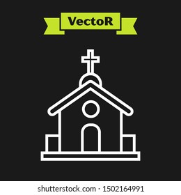 White line Church building icon isolated on black background. Christian Church. Religion of church.  Vector Illustration