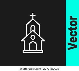 White line Church building icon isolated on black background. Christian Church. Religion of church.  Vector