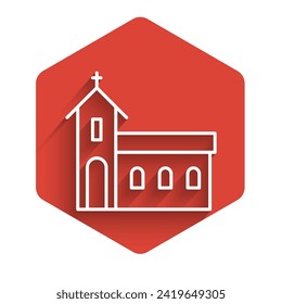 White line Church building icon isolated with long shadow. Christian Church. Religion of church. Red hexagon button. Vector Illustration