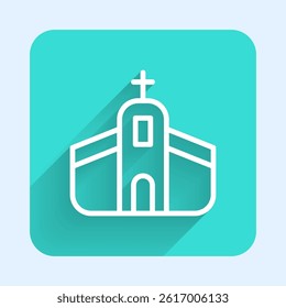 White line Church building icon isolated with long shadow background. Christian Church. Religion of church. Green square button. Vector