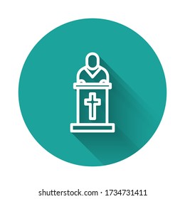 White line Church pastor preaching icon isolated with long shadow. Green circle button. Vector Illustration