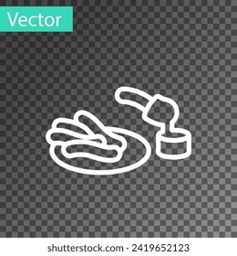 White line Churros and chocolate icon isolated on transparent background. Traditional national Spain dessert, European street food.  Vector