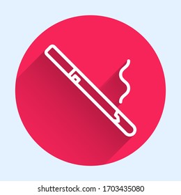 White line Cigarette icon isolated with long shadow. Tobacco sign. Smoking symbol. Red circle button. Vector Illustration