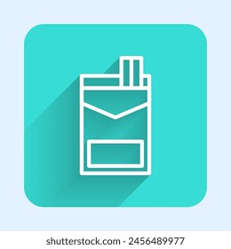 White line Cigarettes pack box icon isolated with long shadow background. Cigarettes pack. Green square button. Vector