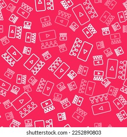 White line Cinema auditorium with screen icon isolated seamless pattern on red background.  Vector