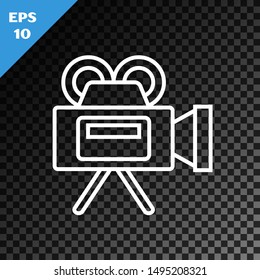 White line Cinema camera icon isolated on transparent dark background. Video camera. Movie sign. Film projector.  Vector Illustration