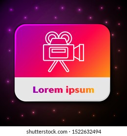White line Cinema camera icon isolated on black background. Video camera. Movie sign. Film projector. Rectangle color button. Vector Illustration