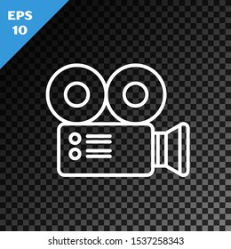 White line Cinema camera icon isolated on transparent dark background. Video camera. Movie sign. Film projector.  Vector Illustration
