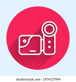 White line Cinema camera icon isolated with long shadow. Video camera. Movie sign. Film projector. Red circle button. Vector Illustration