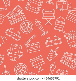 White line cinema icons on red background decorative pattern with tickets popcorn flat vector illustration 